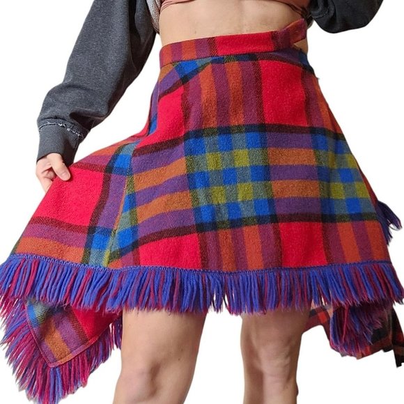 Pioneer Wear Dresses & Skirts - 70s Pioneerwear Womens XS Wool Plaid Skirt Fringe Assymetrical Red Blue Boho